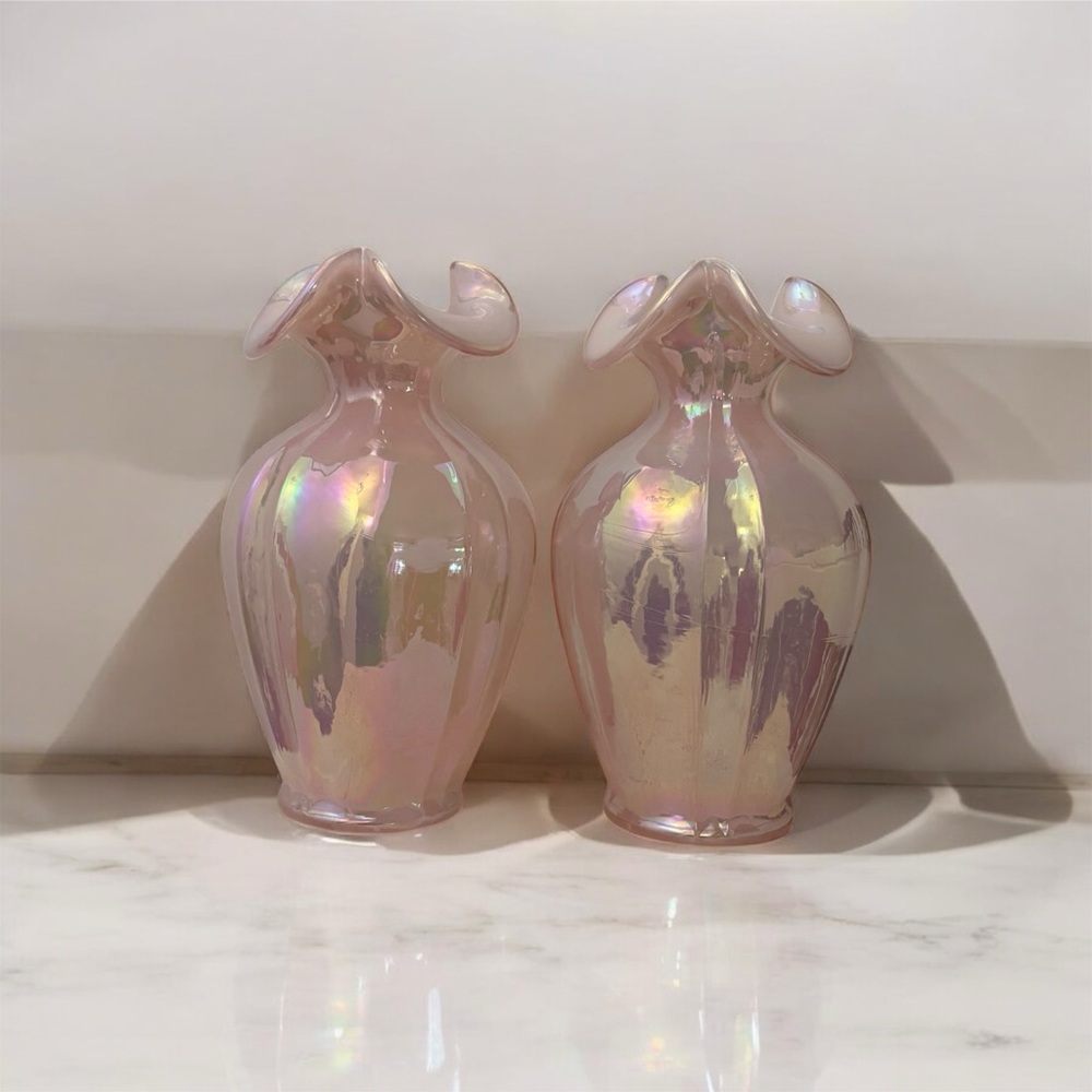 Vintage Pair of Iridescent Opalescent Ballet Pink Ruffled Vases